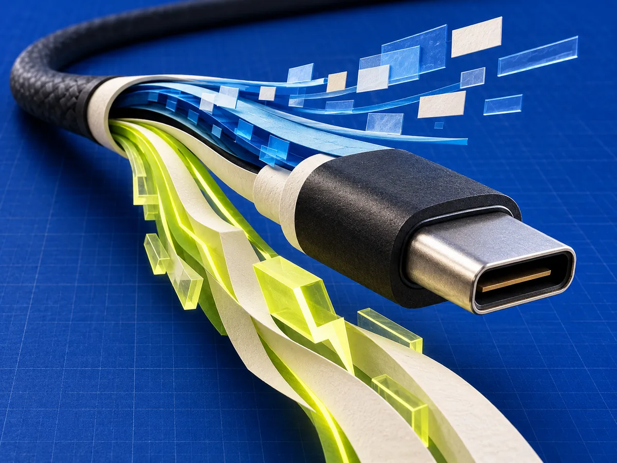 Close-up editorial illustration of a USB-C cable separating data and power streams
